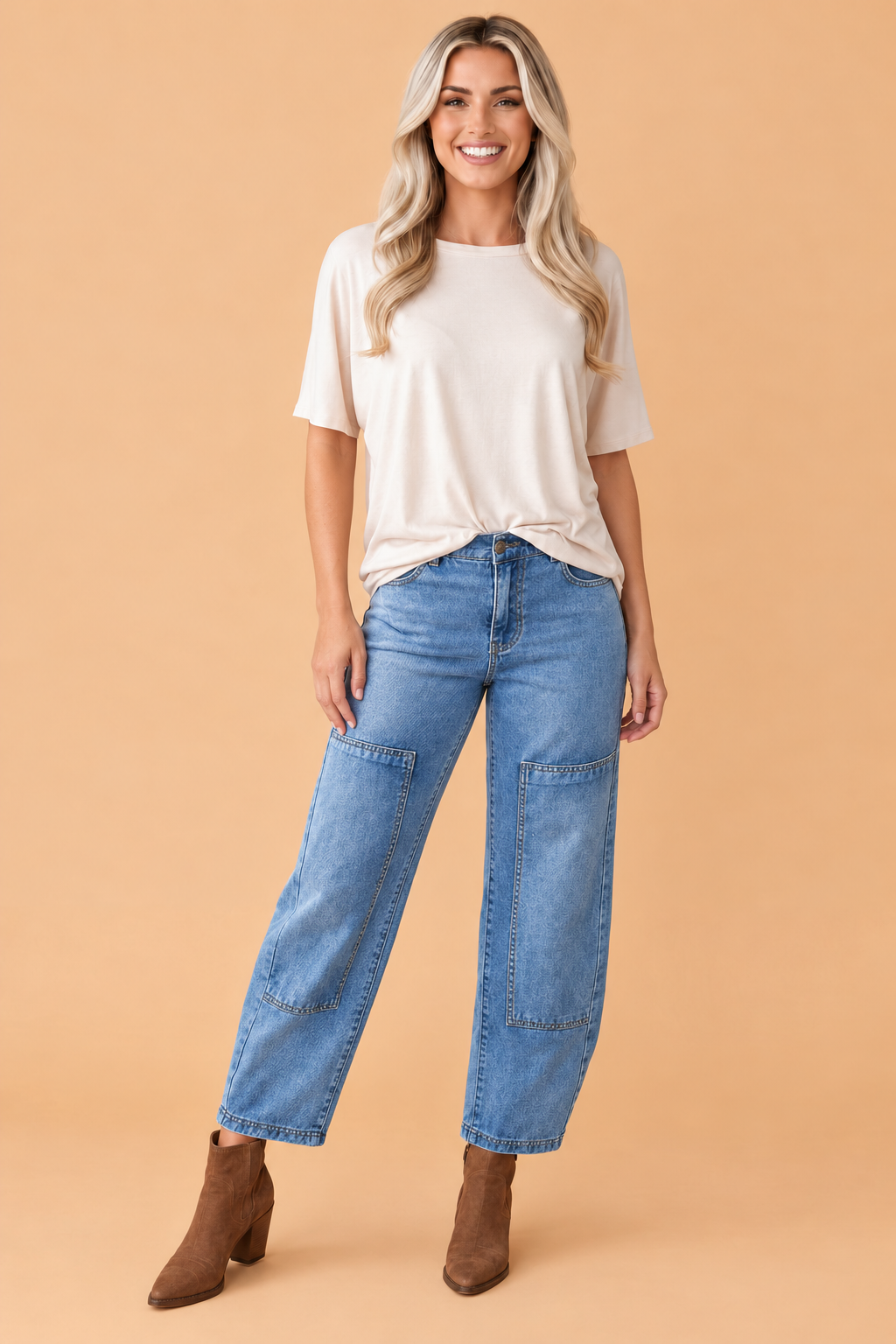 Solid Denim Patchwork Barrel Leg Jeans