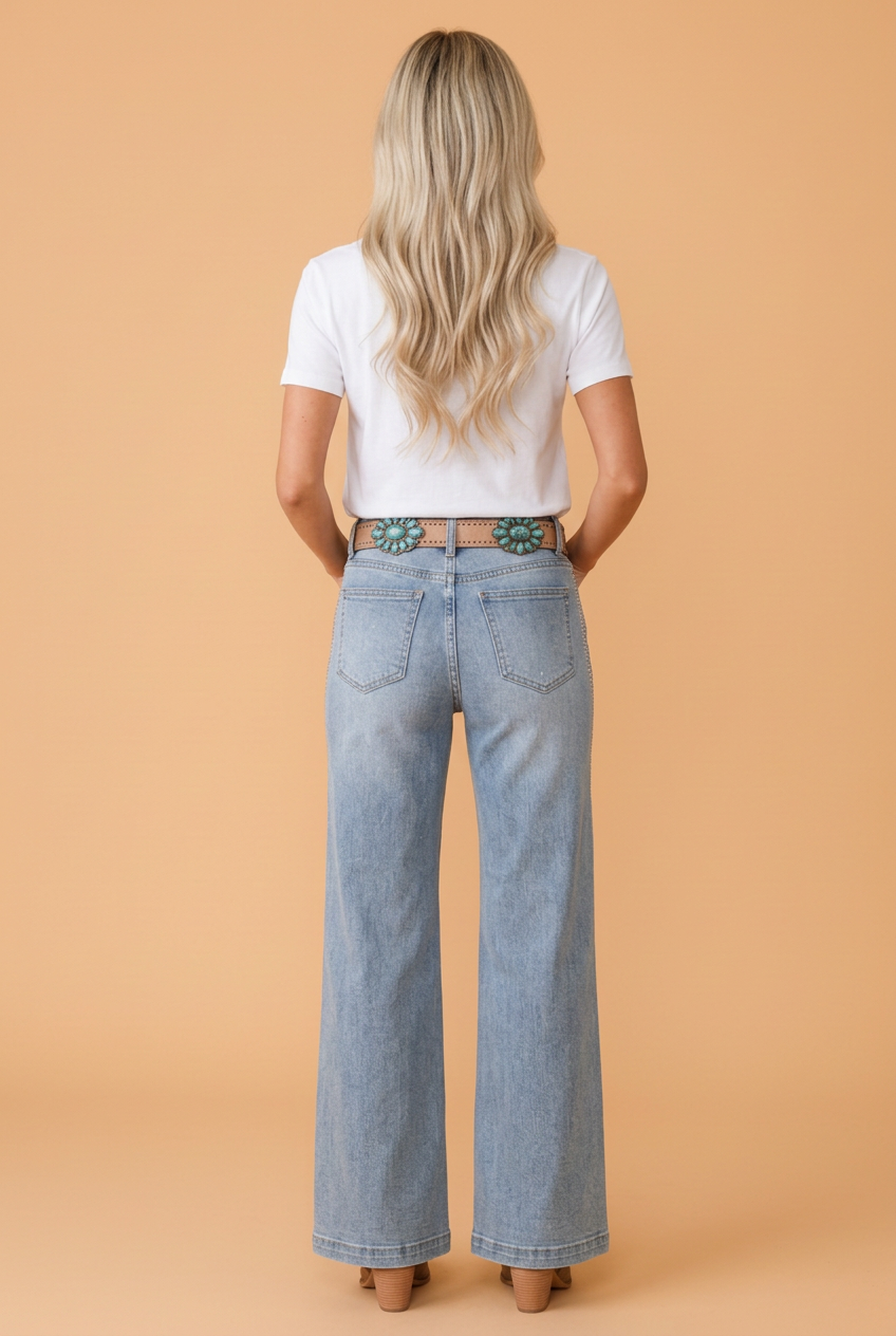 Western Rhinestone Embellished Wide Leg Jeans