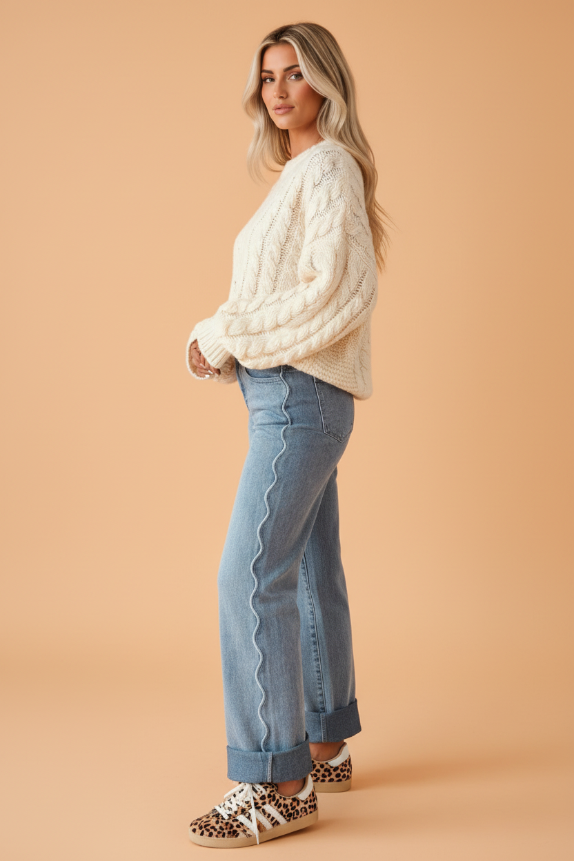 Solid Denim Scalloped Side Seam Mid Rise Jeans