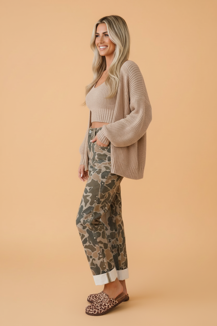 Camo Denim Studded Side Straight Leg Jeans
