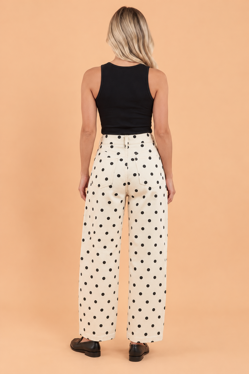 Polka Dot Denim Curved Seam Barrel Leg Jeans