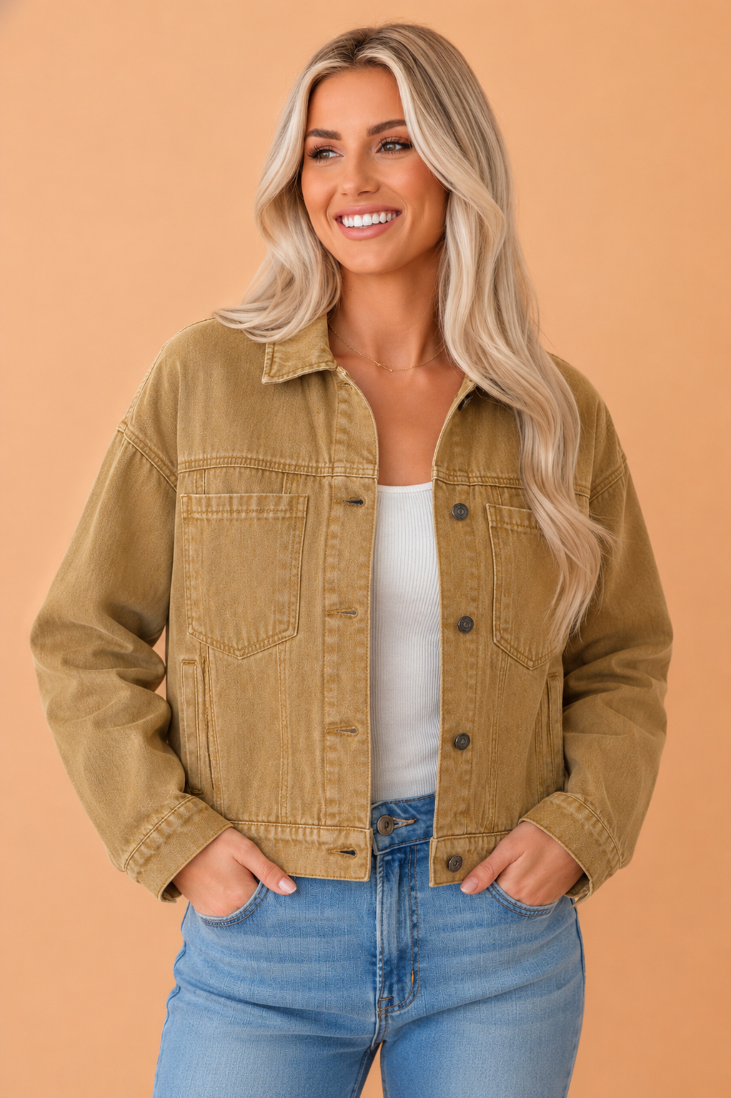Solid Denim Long Sleeve Buttoned Collar Jacket