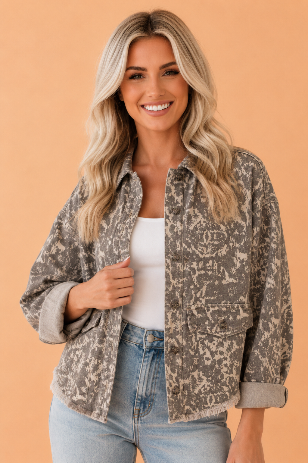Abstract Denim Raw Hem Buttoned Collar Jacket