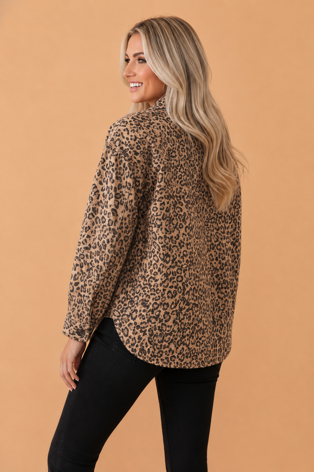 Leopard Denim Patch Pocket Buttoned Collar Jacket