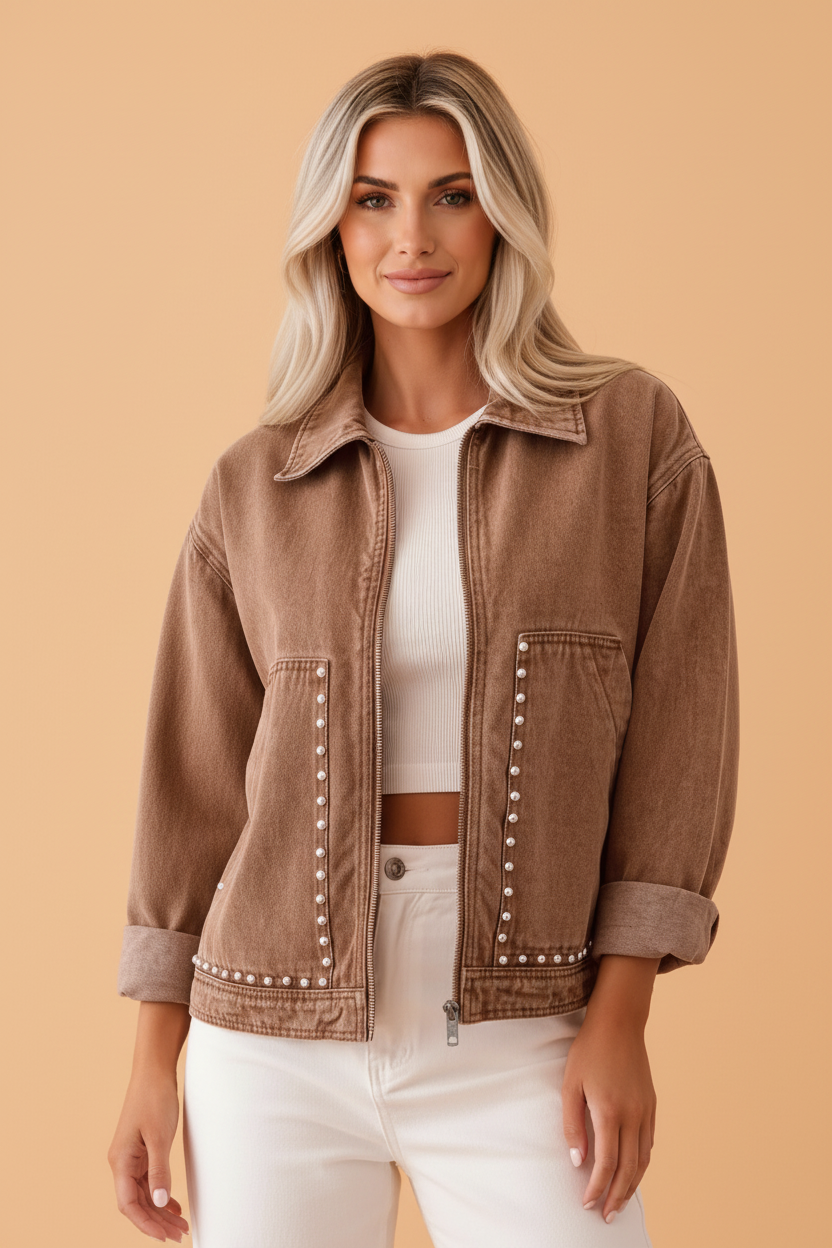 Solid Denim Studded Pocket Zip Up Jacket