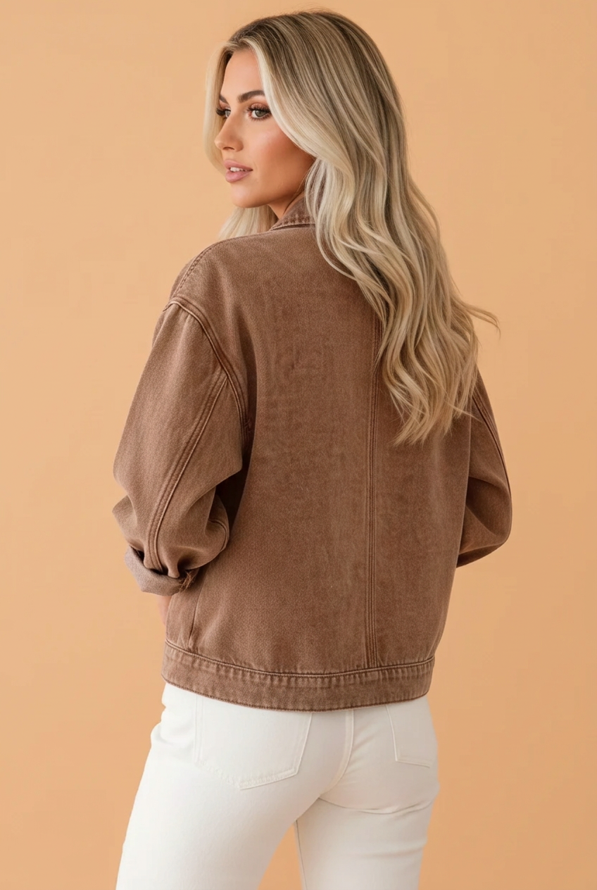 Solid Denim Studded Pocket Zip Up Jacket