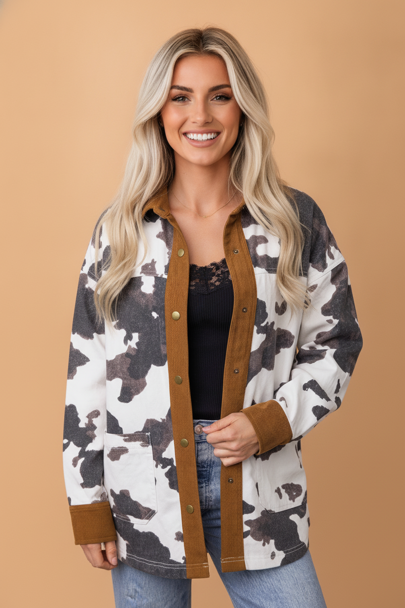 Western Cow Denim Corduroy Contrast Buttoned Jacket