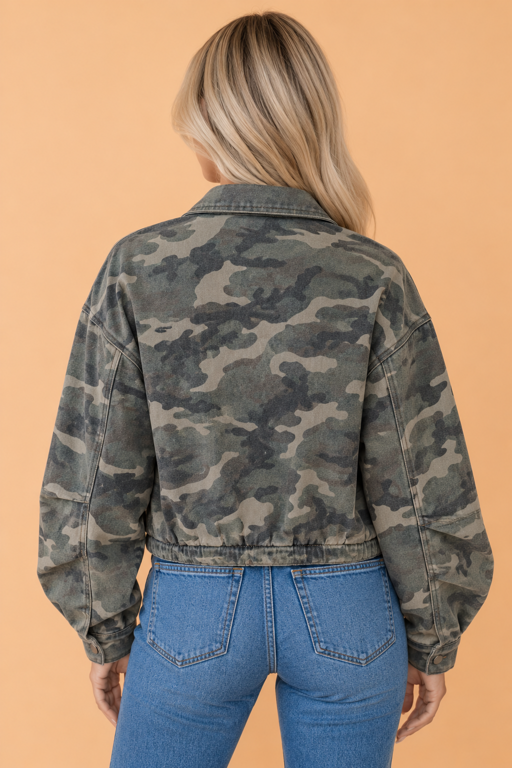 Camo Denim Pleated Puff Sleeve Zip-Up Jacket