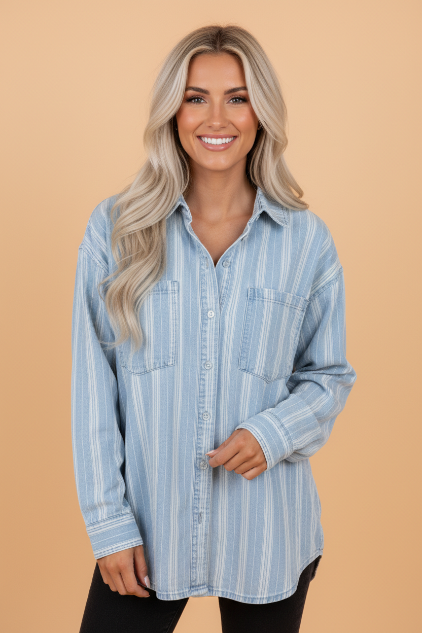 Stripe Boyfriend Chest Pocket Denim Shacket
