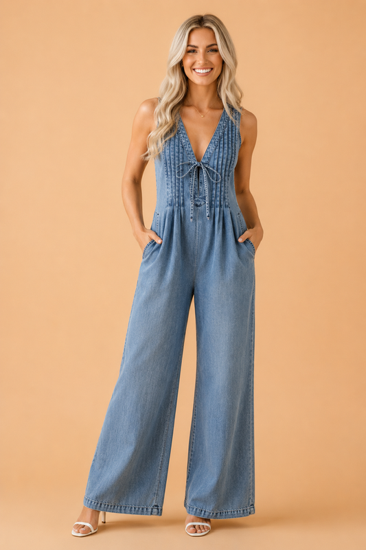 Acid Wash Denim Pleated Tie V-Neck Jumpsuit
