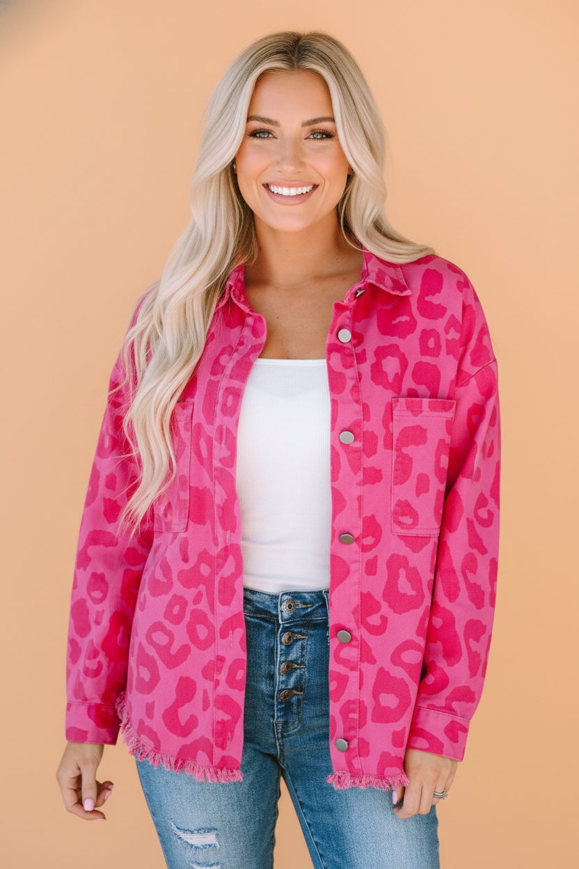 Leopard Button Cuff Raw Hem Denim Jacket