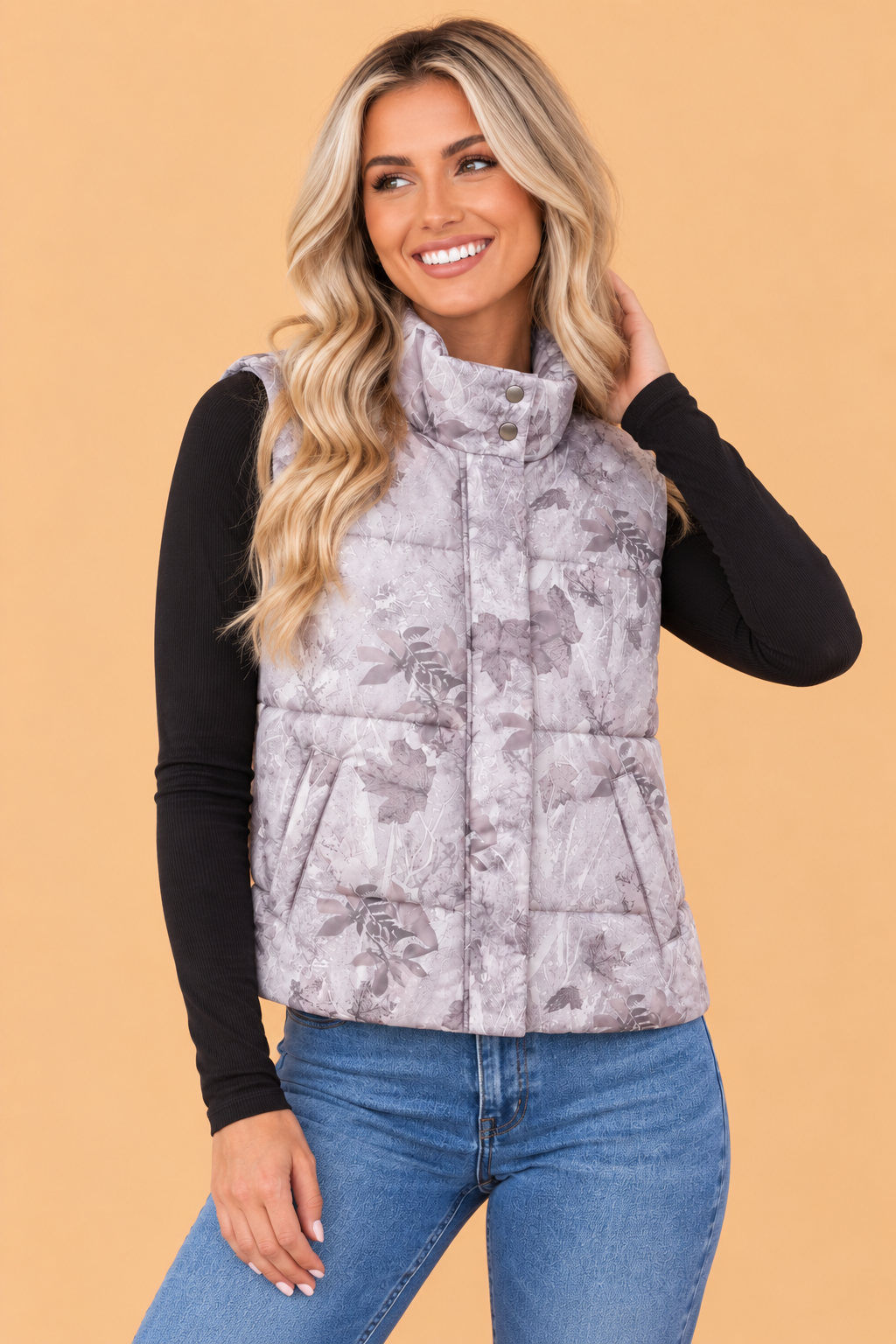 Woodland Camo Collared Sleeveless Puffer Vest