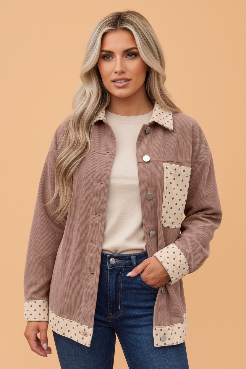 Polka Dot Patchwork Corduroy Button-Up Shacket