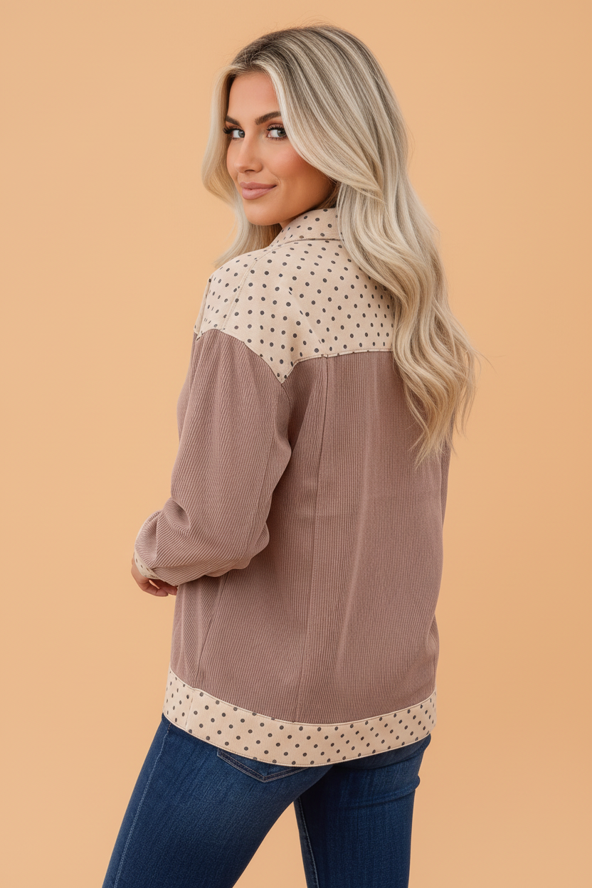 Polka Dot Patchwork Corduroy Button-Up Shacket