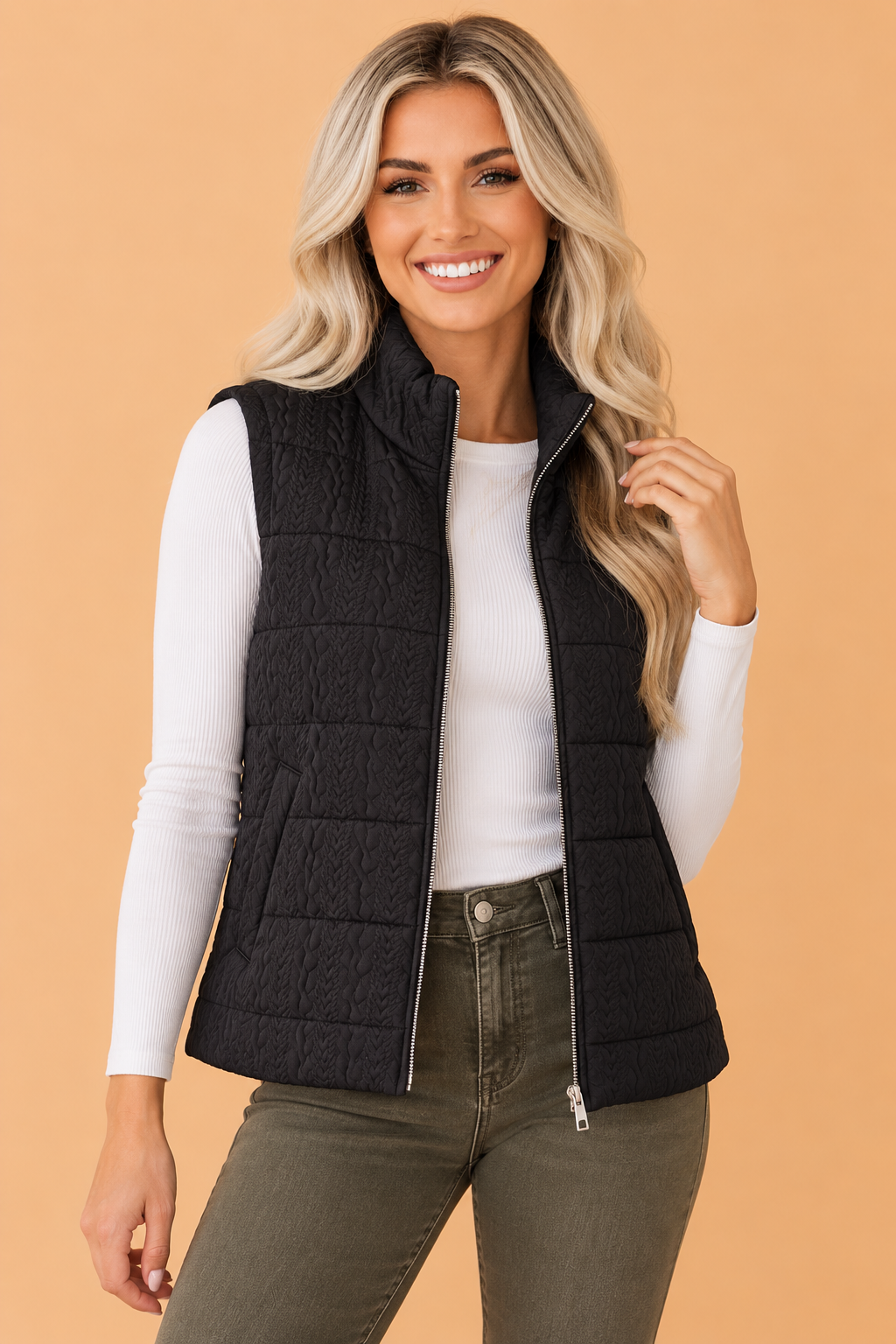 Solid Textured Stand Collar Zip Up Puffer Vest