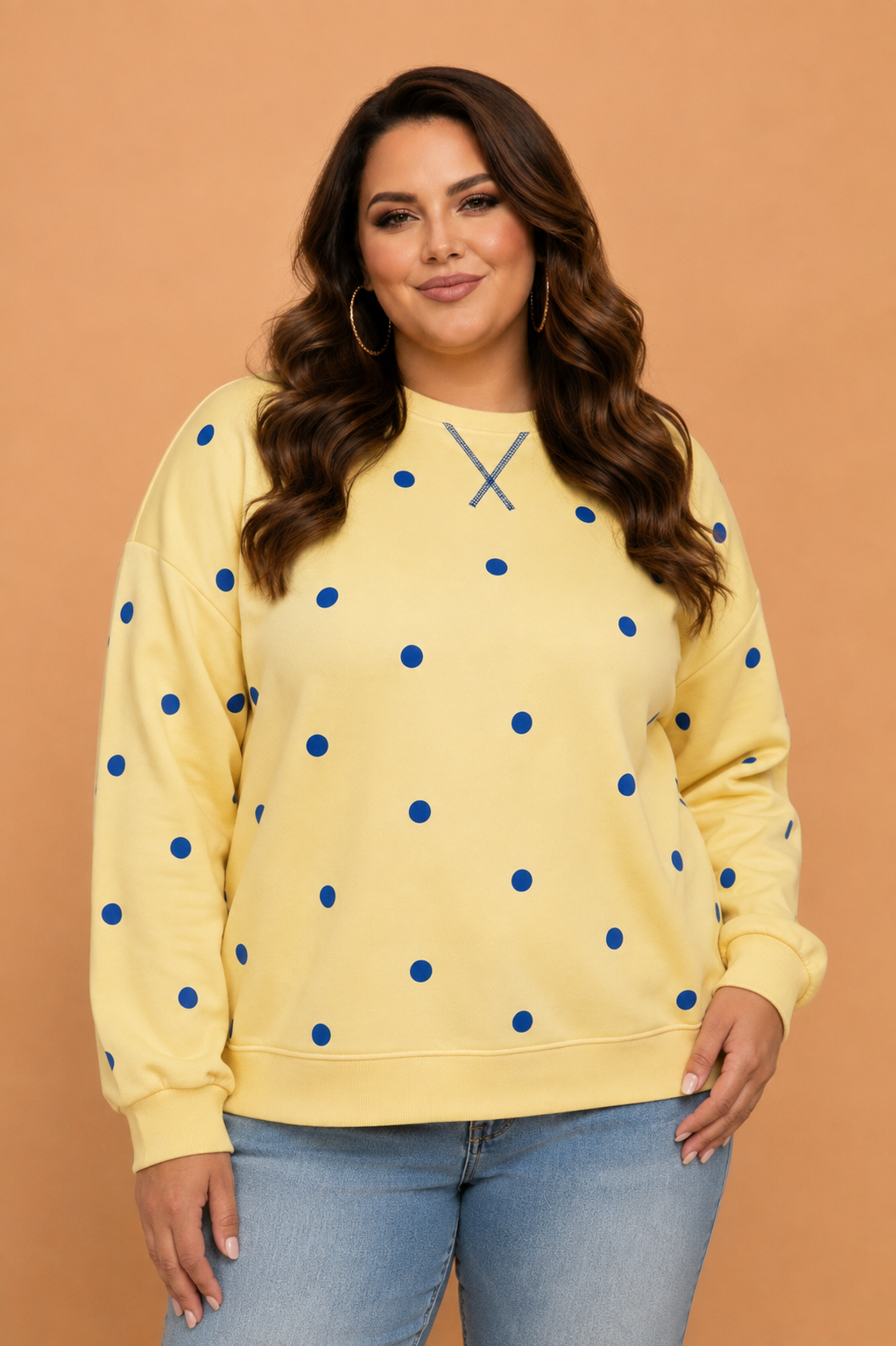 Plus Size Polka Dot Long Sleeve Split Hem Sweatshirt