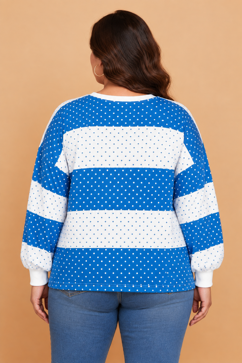 Plus Size Polka Dot Colorblock Long Sleeve Top