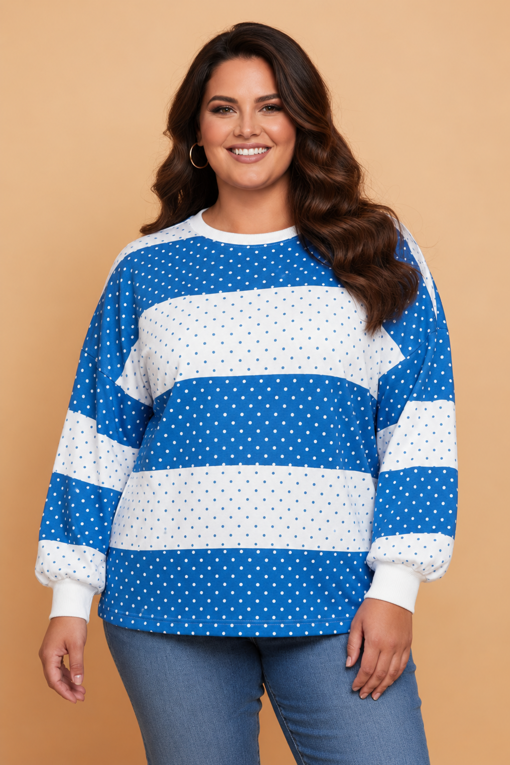 Plus Size Polka Dot Colorblock Long Sleeve Top