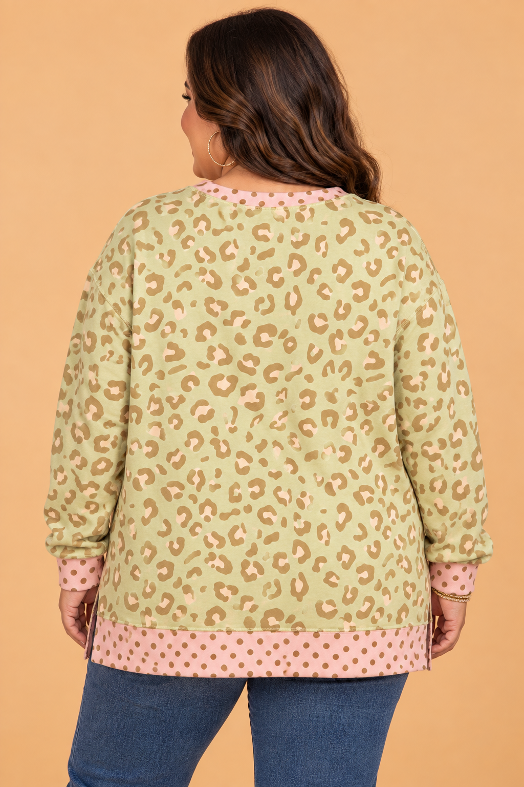 Plus Size Leopard Polka Dot Contrast Trim Long Sleeve Top