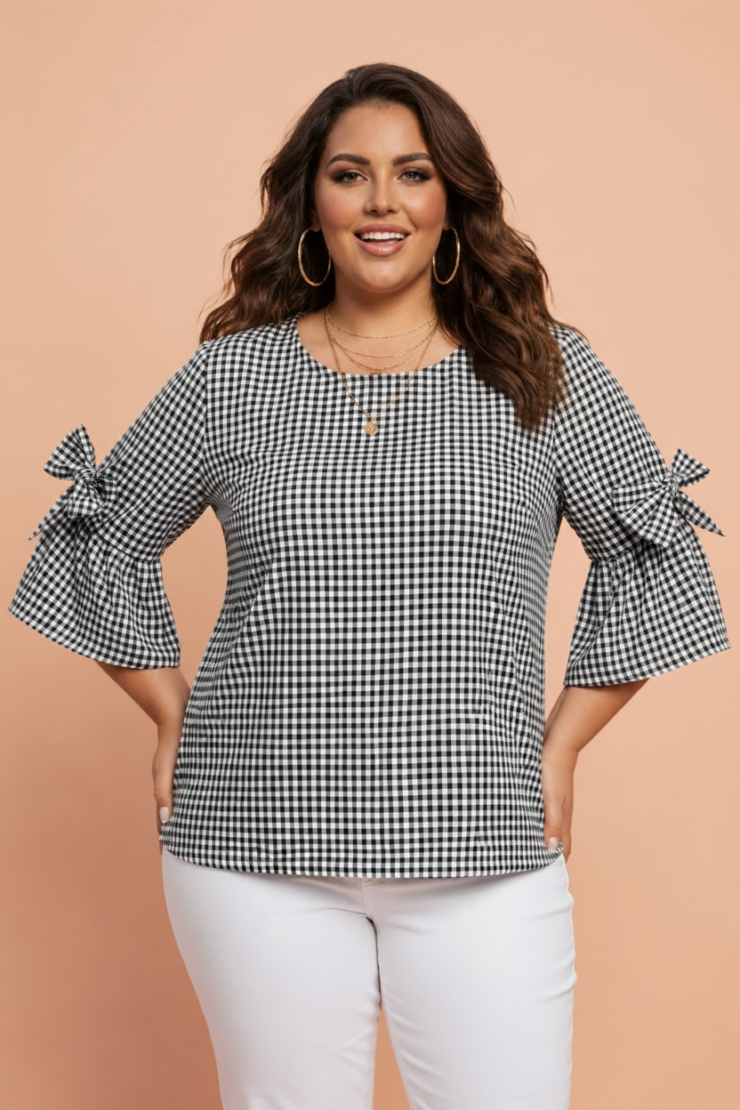 Plus Size Gingham Bow Ruffle Sleeve Top