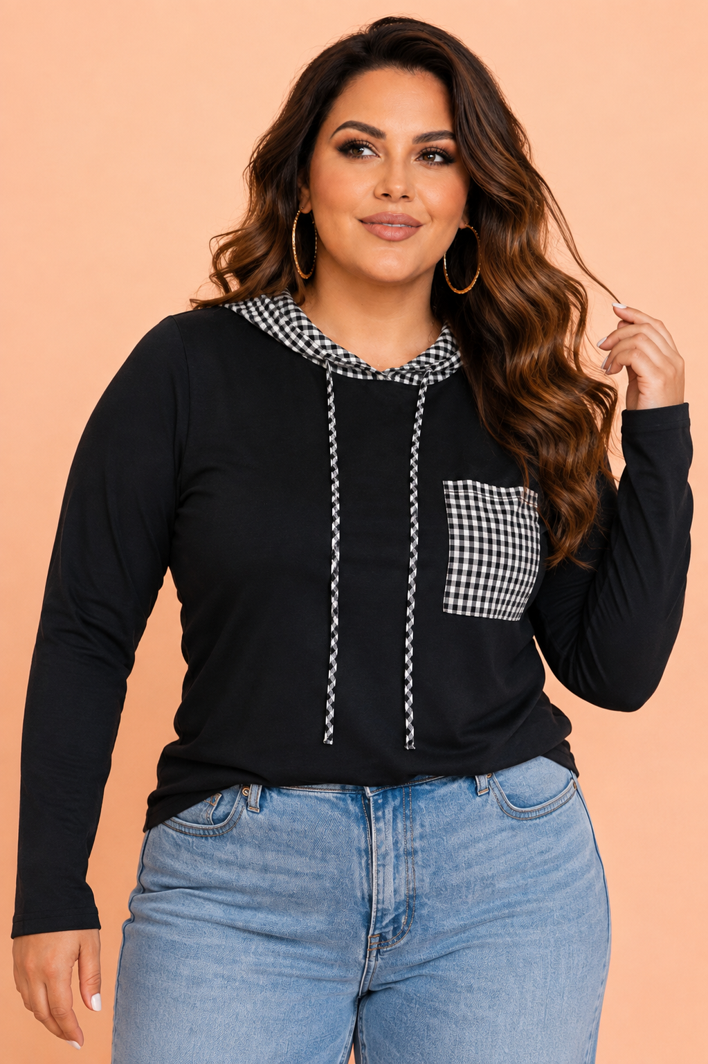 Plus Size Gingham Patchwork Long Sleeve Hooded Blouse