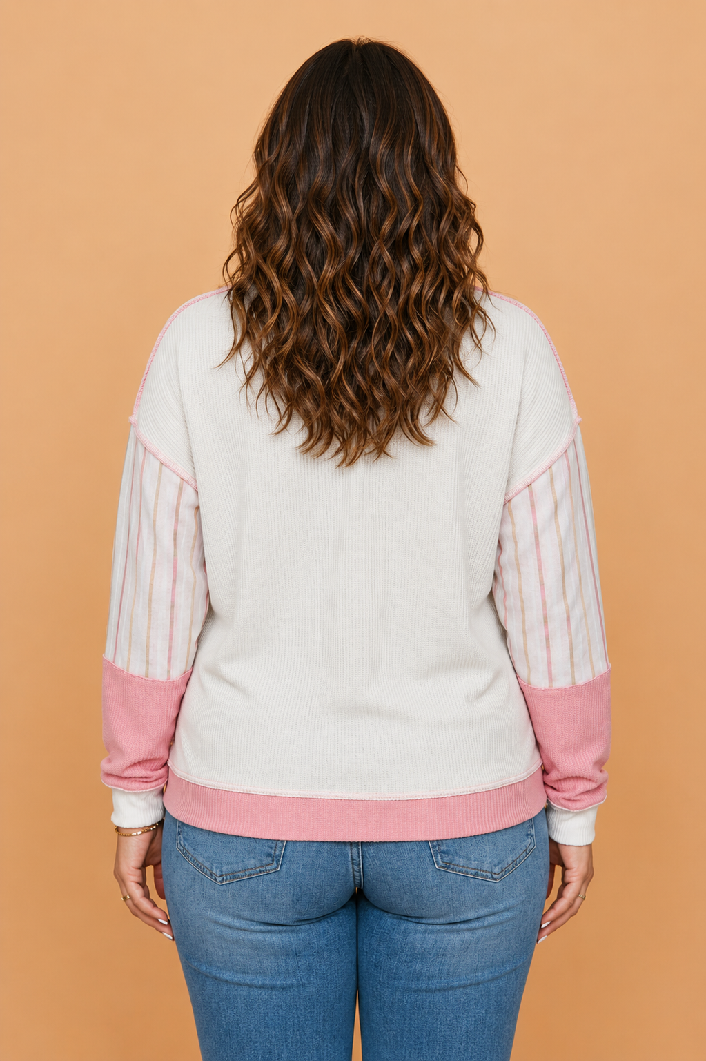 Plus Size Plaid Stripe Patchwork Long Sleeve Blouse