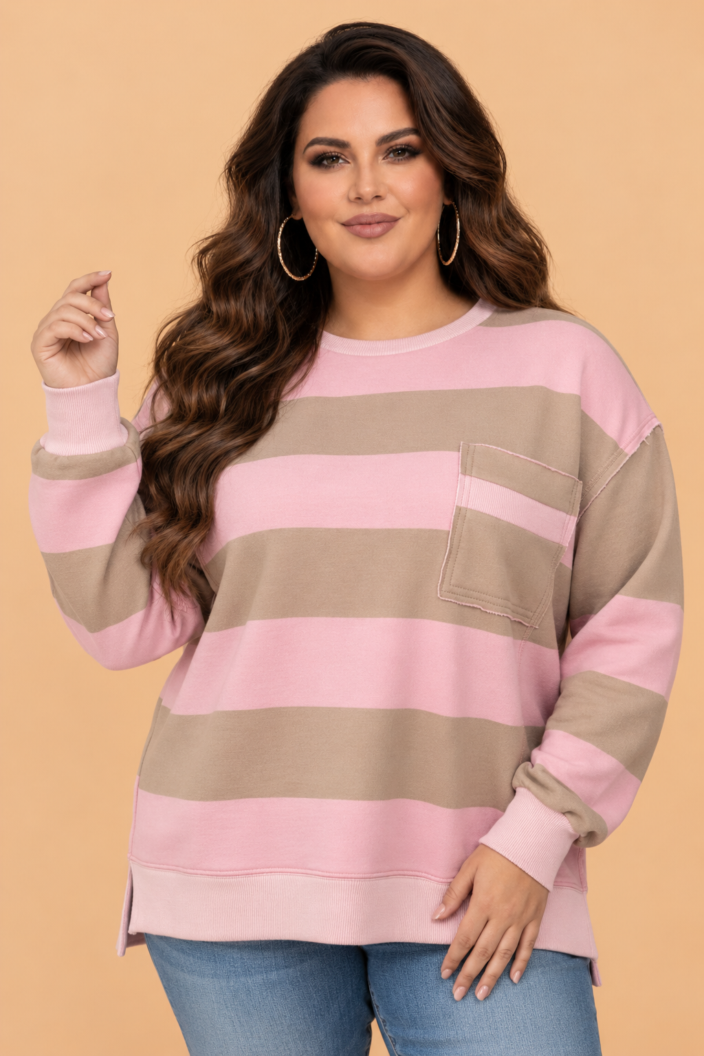 Plus Size Stripe Raw Seam Drop Shoulder Sweatshirt