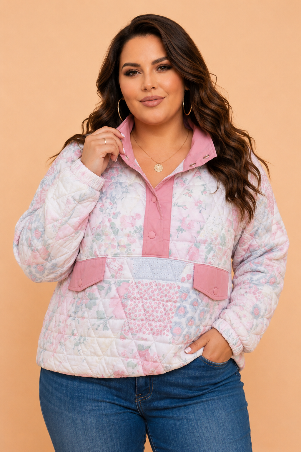 Plus Size Floral Quilted Snap Button Collar Sweatshirt