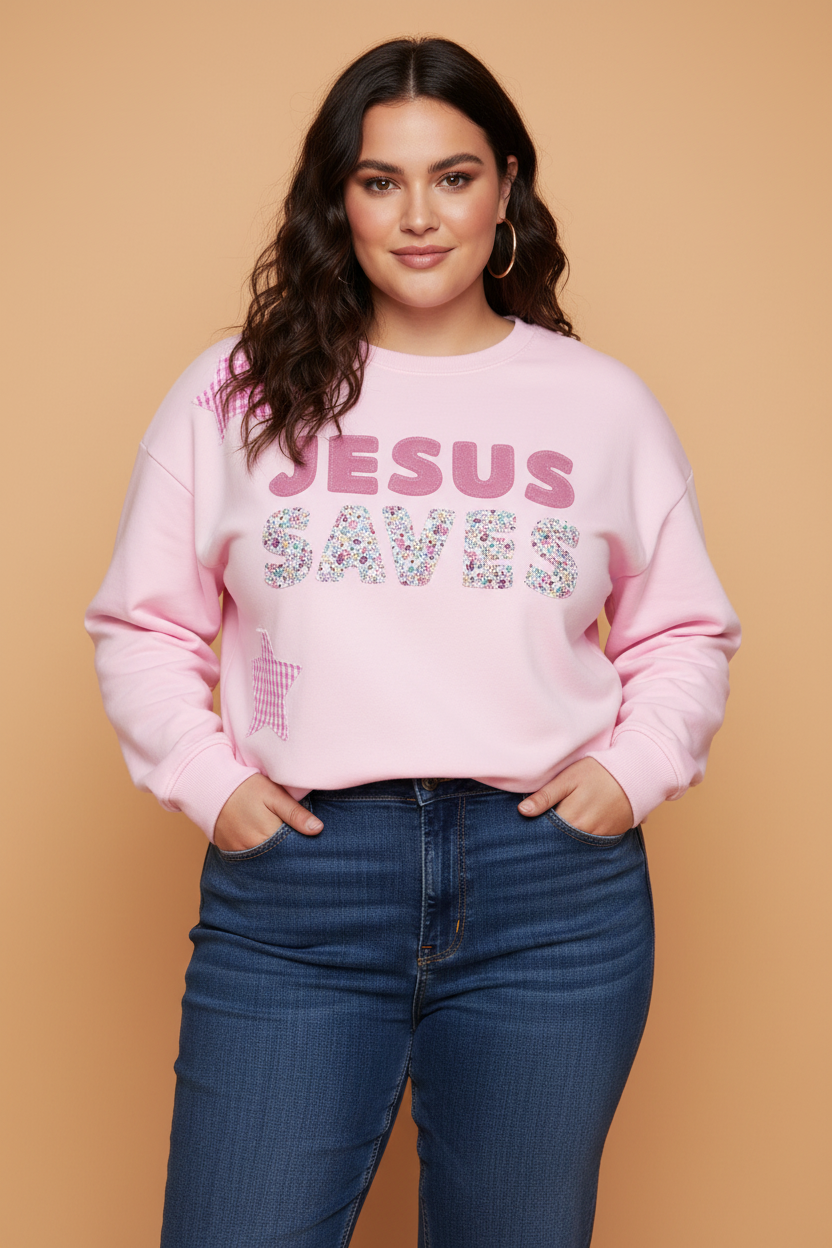 Plus Size JESUS SAVES Floral Gingham Star Patchwork Sweatshirt