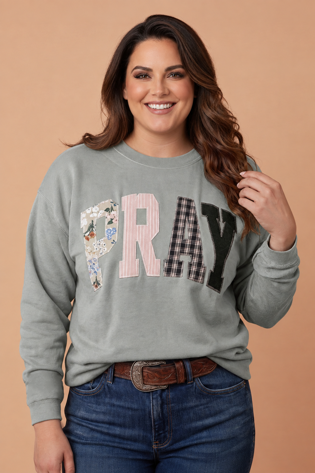 Plus Size PRAY Embroidered Patchwork Drop Shoulder Sweatshirt