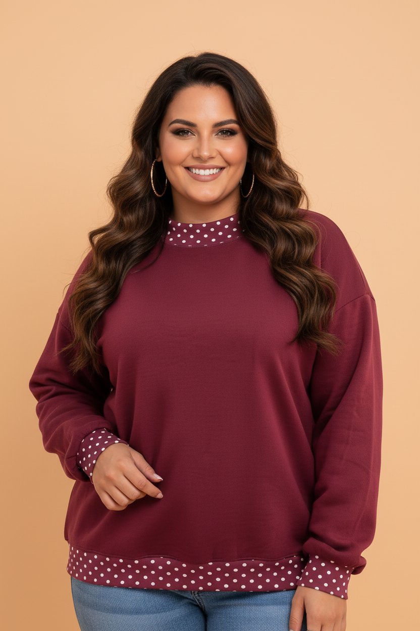 Plus Size Polka Dot Contrast Trim Mock Neck Sweatshirt
