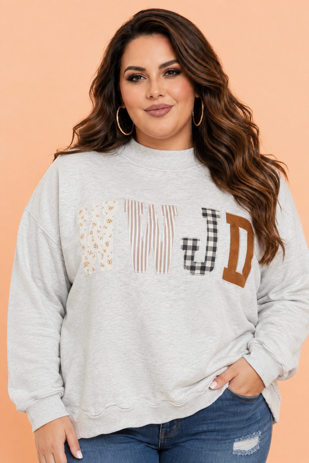 Plus Size WWJD Letter Patch Exposed Seam Sweatshirt