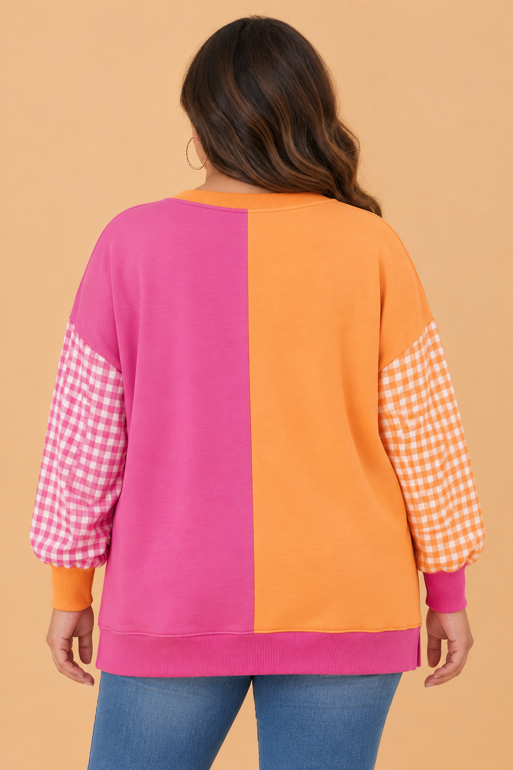 Plus Size Colorblock Gingham Patchwork Split Hem Sweatshirt