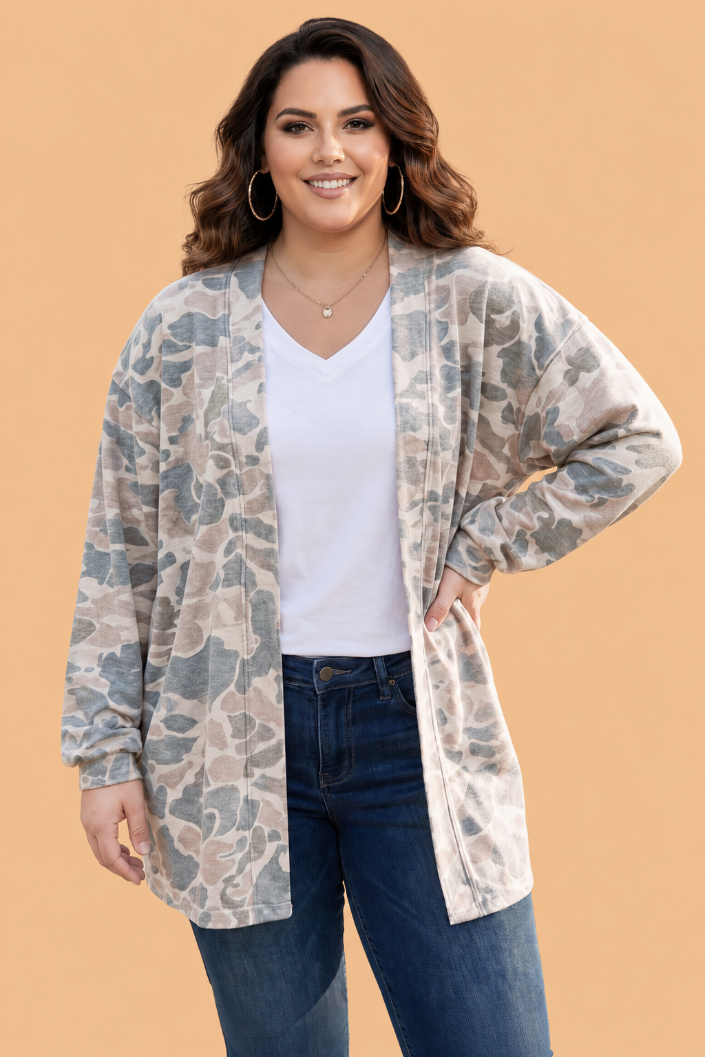 Plus Size Camo Open Front Tunic Cardigan