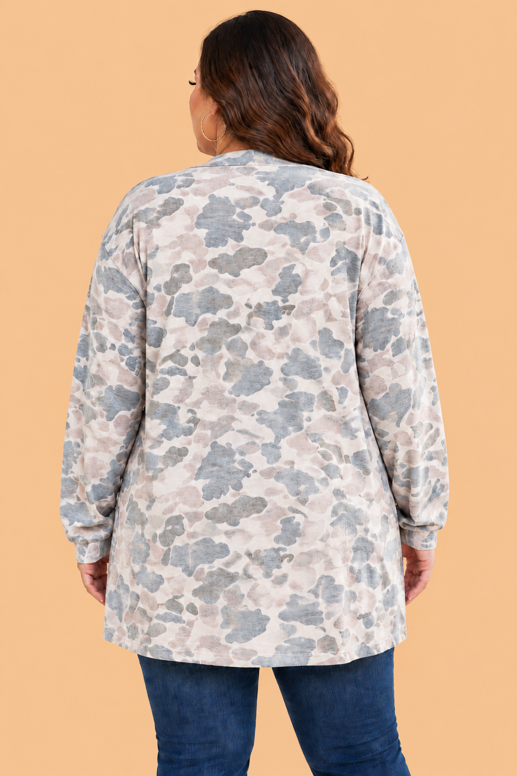 Plus Size Camo Open Front Tunic Cardigan