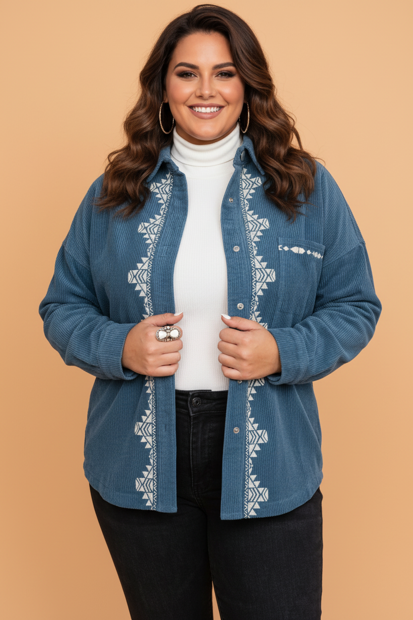 Plus Size Western Embroidered Corduroy Long Sleeve Shirt