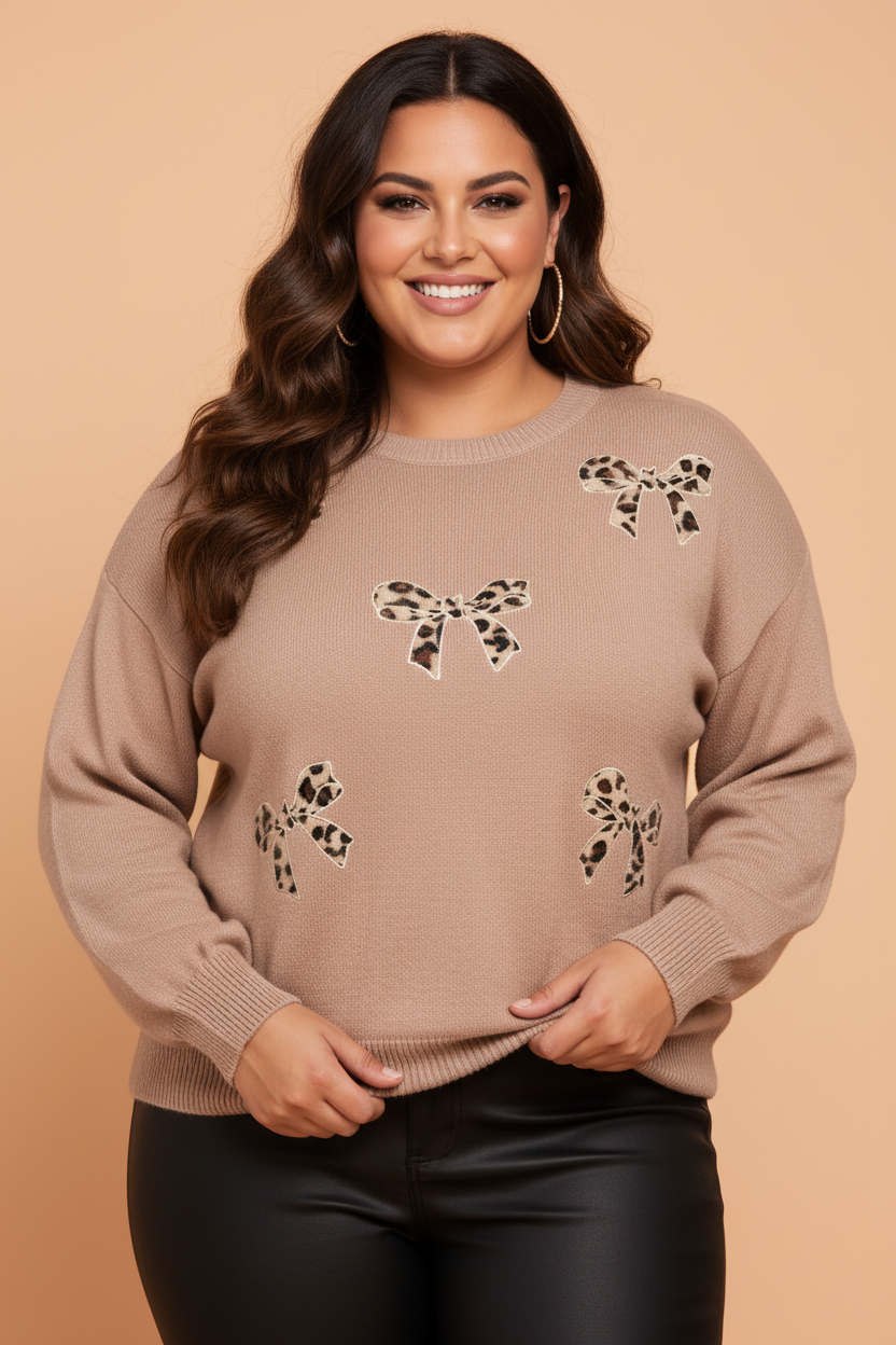 Plus Size Leopard Bow Embroidered Patch Sweater