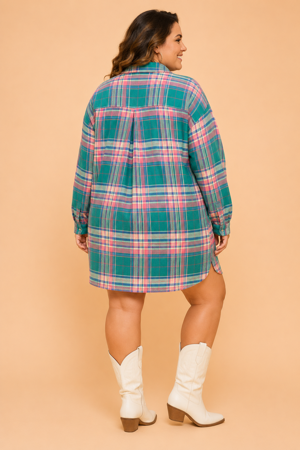Plus Size Plaid Long Sleeve Buttoned Shirt Dress