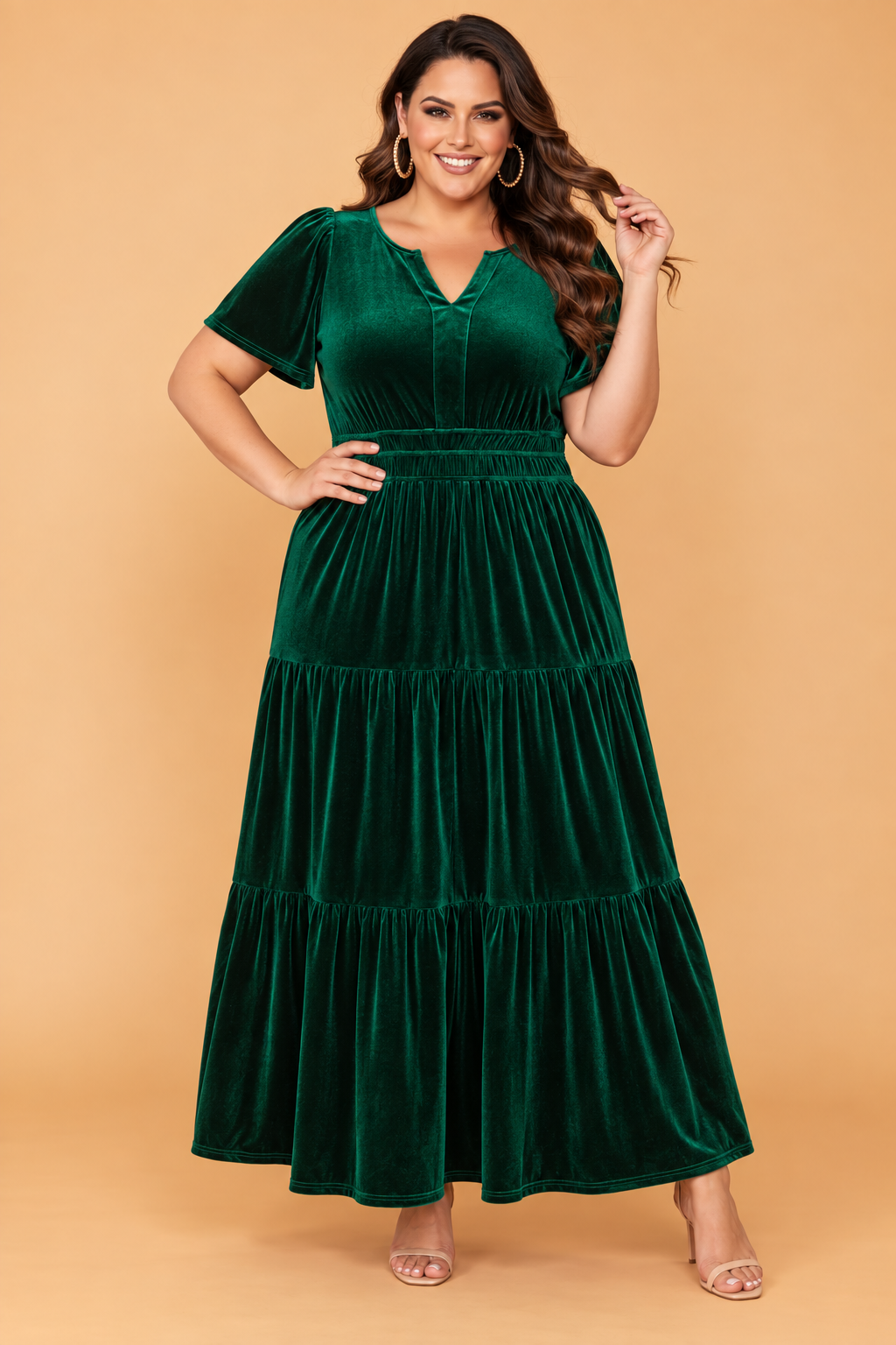 Plus Size Velvet Shirred Waist Tiered Maxi Dress