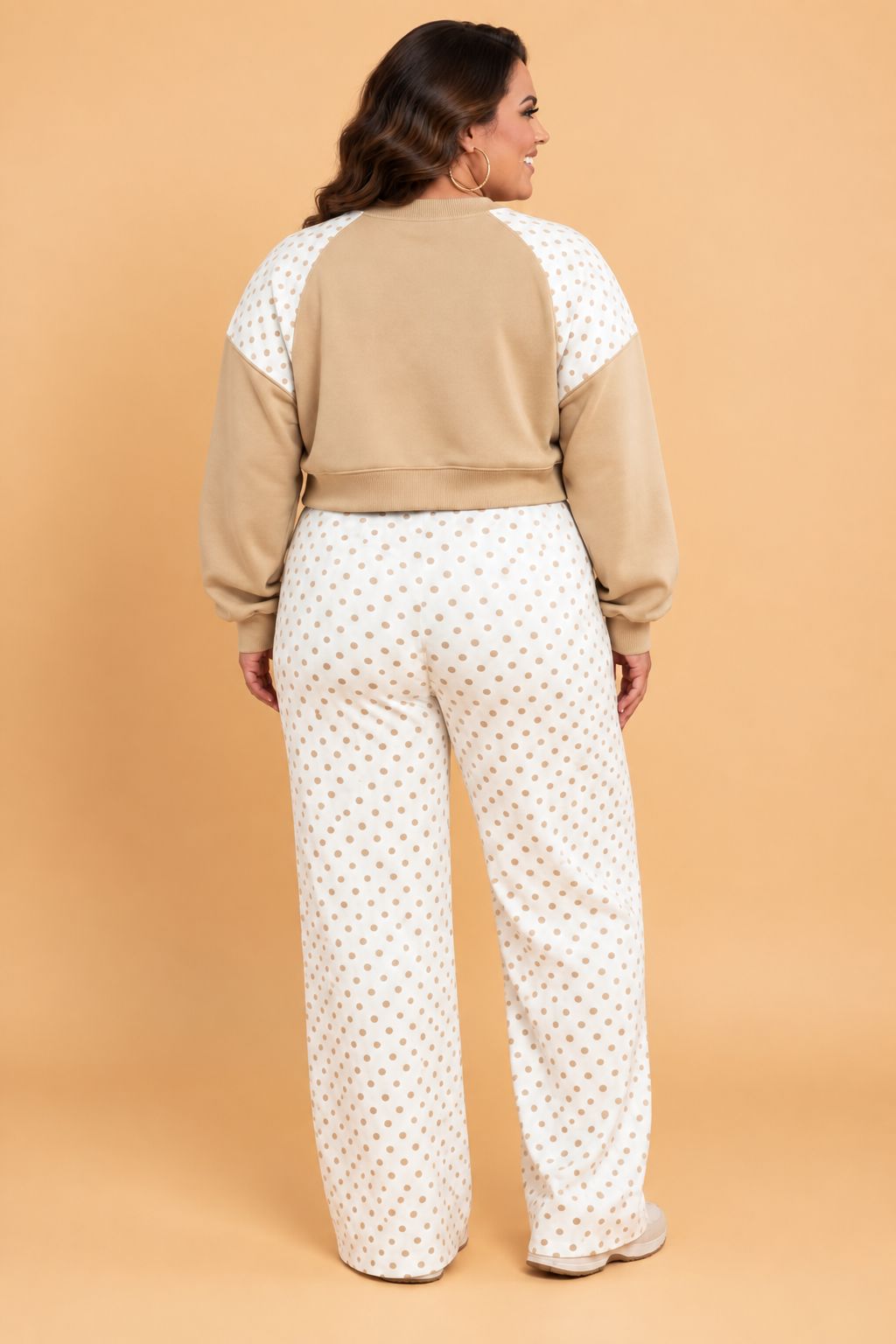 Plus Size Polka Dot Patchwork Crop Top & Pants Set