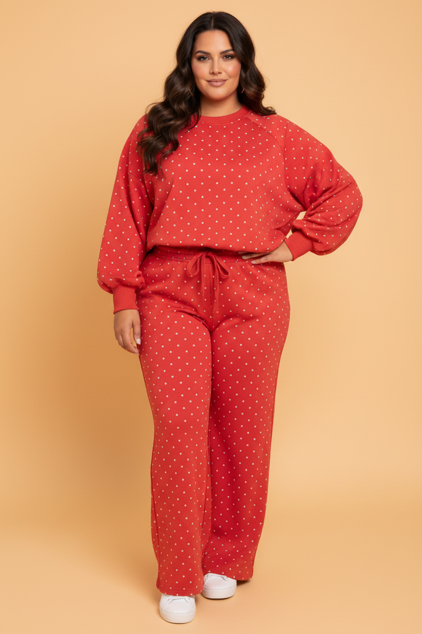Plus Size Polka Dot Long Sleeve Top & Pants Set
