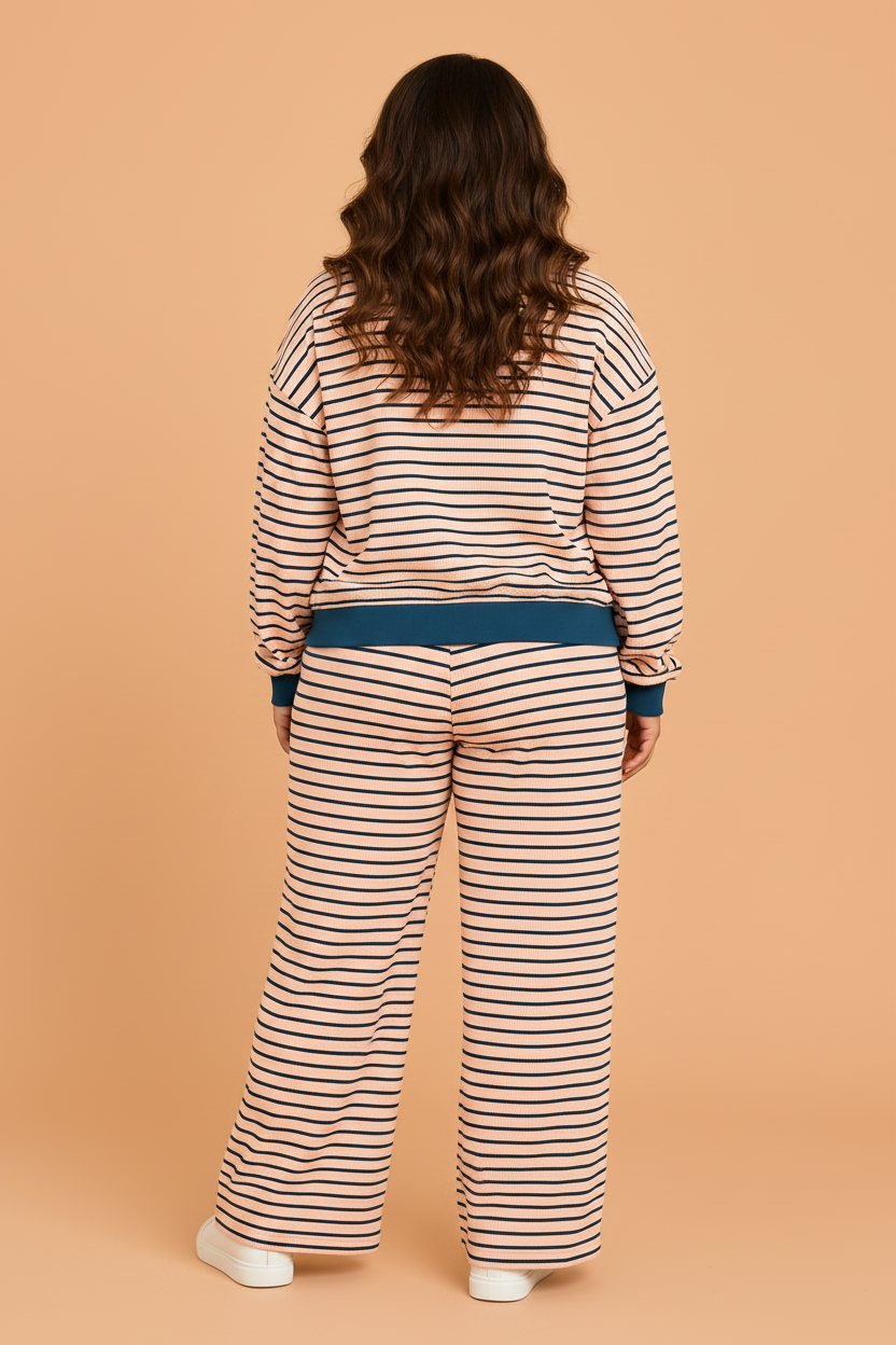 Plus Size Stripe Colorblock Zipped V-Neck Top & Pants Set