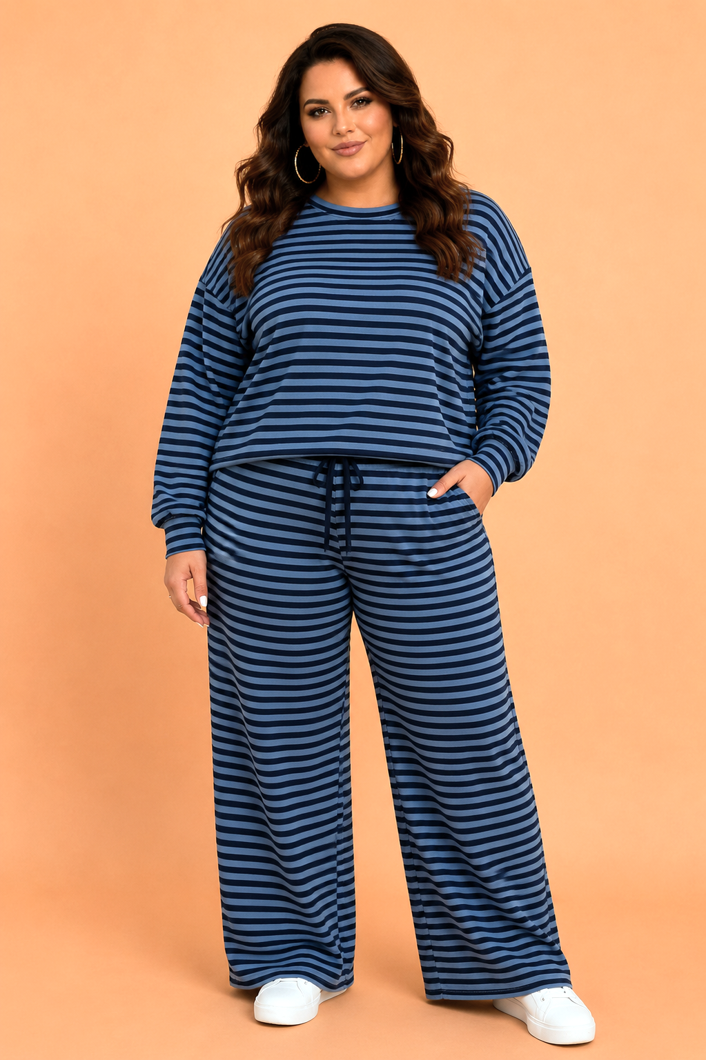 Plus Size Stripe Long Sleeve Top & Pants Set