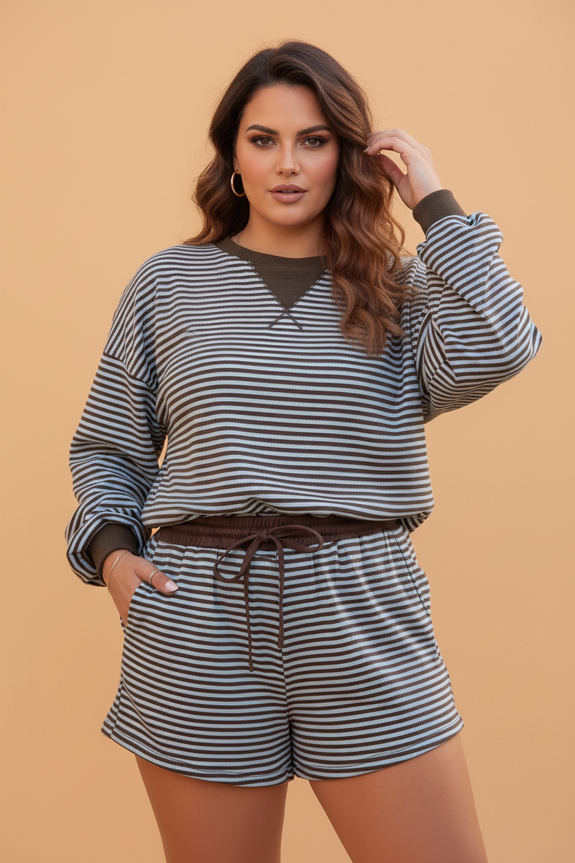 Plus Size Stripe Long Sleeve Top & Drawstring Shorts Set