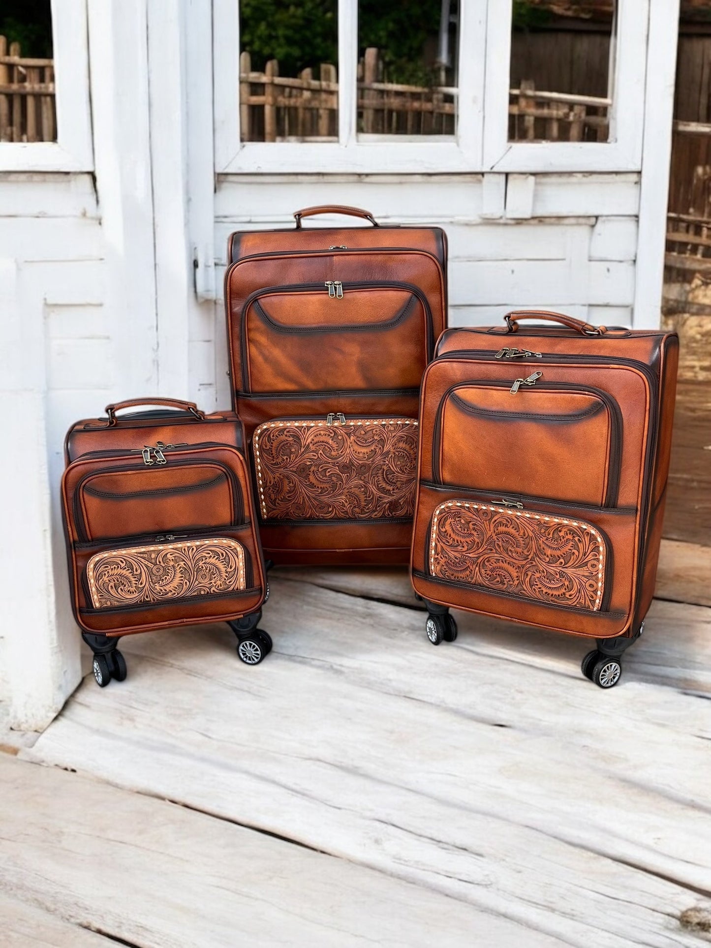 Small Burn Tooled Leather Rolling Suitcase Carry Luggage