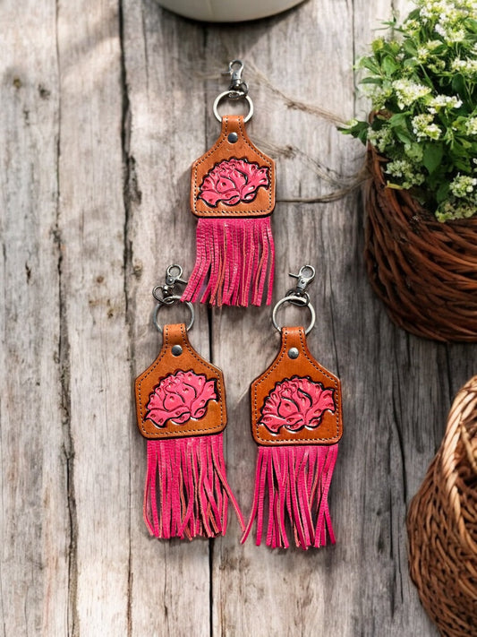 Pink Flower Fringe Tooled Leather Keychains