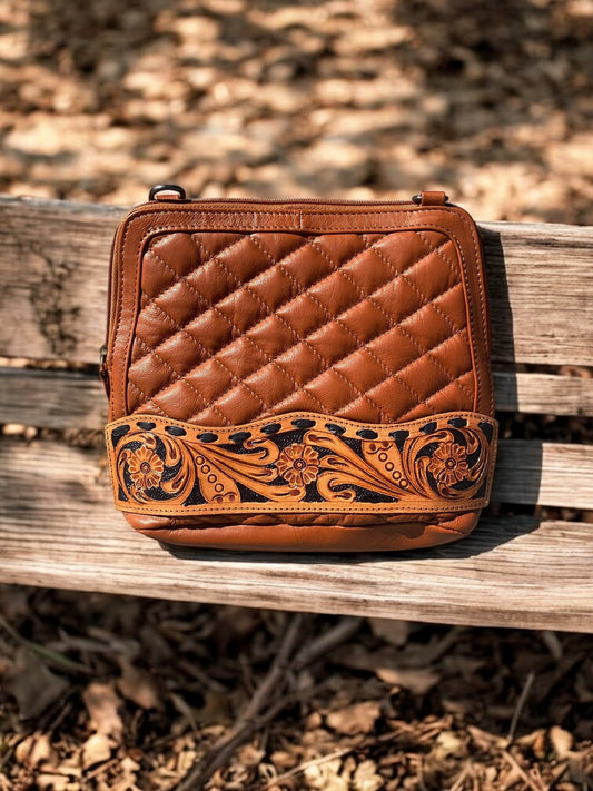 Tan Genuine Tooled Leather Crossbody
