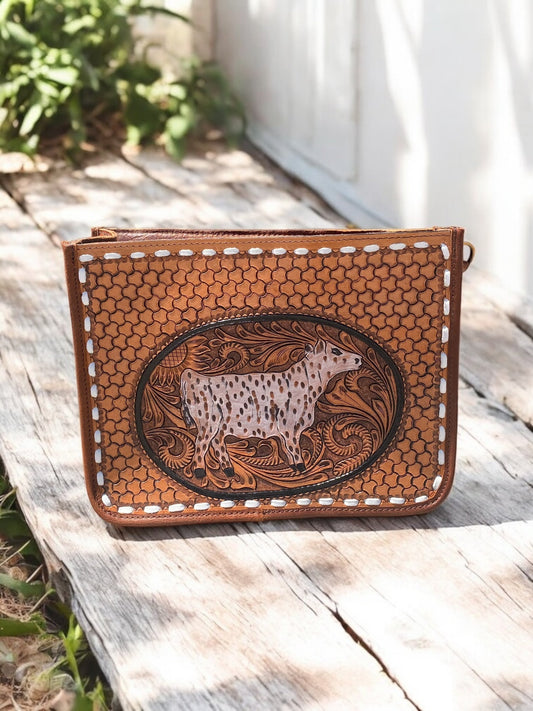 Highland Cow Tooled Leather Crossbody