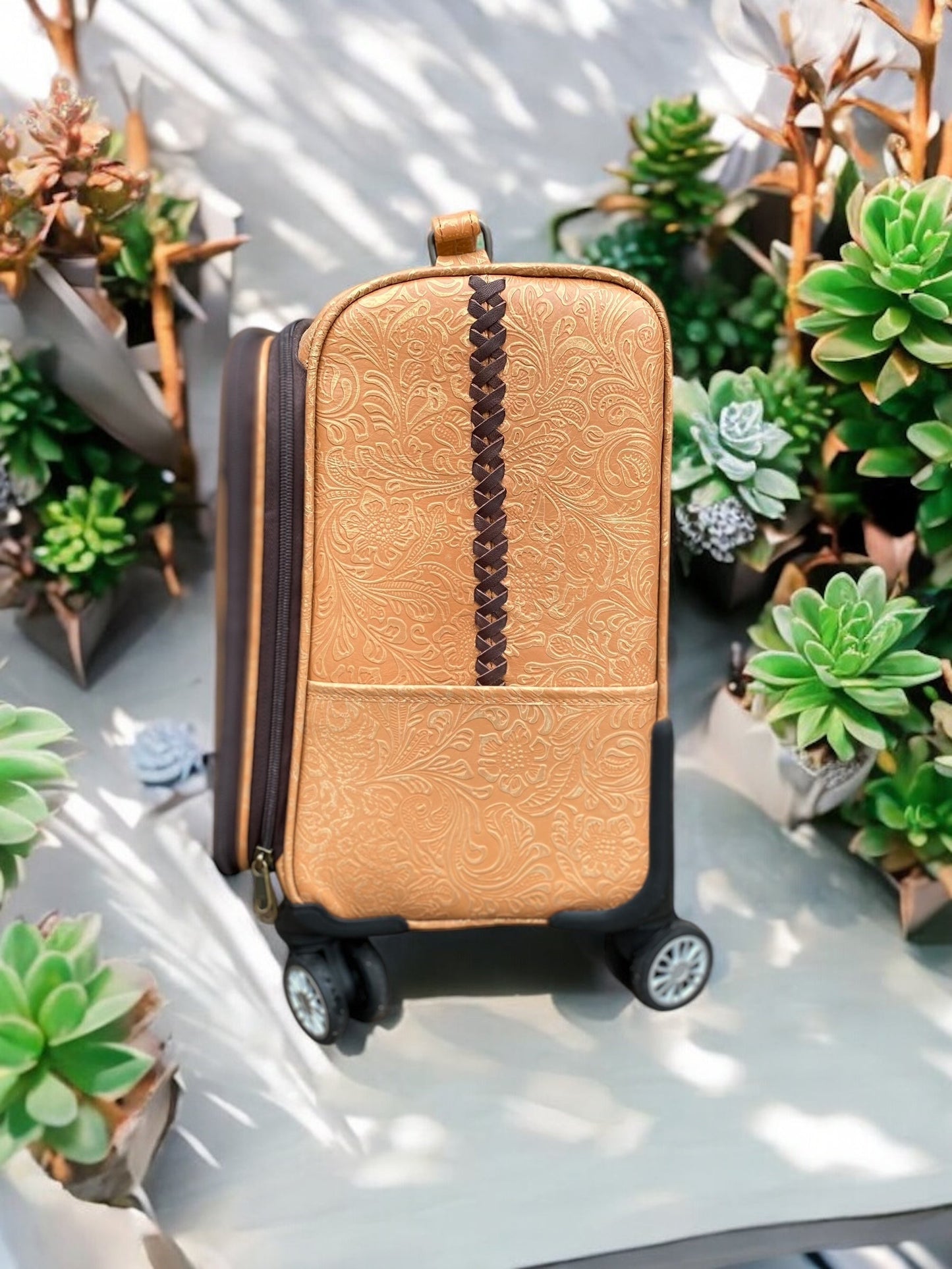 Mini Tan Rolling Carry Luggage Tooled Leather