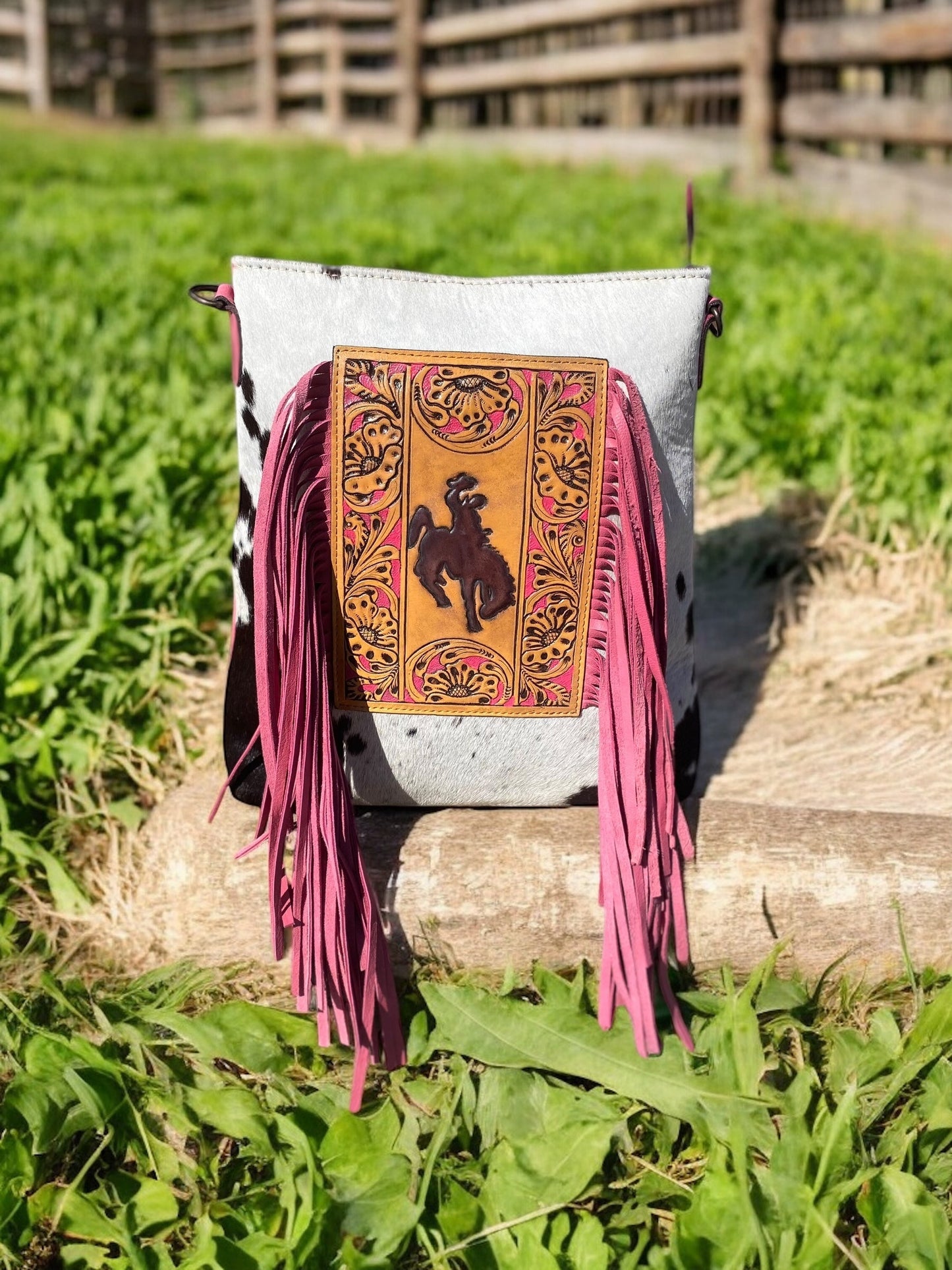 Pink Bucking Horse Cowhide & Fringe Crossbody 